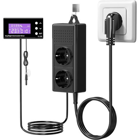 Thermostat Plug with Probe, 220V Reptile Terrarium Thermostat Heating/Cooling Temperature Controller with Timer for Greenhouse, Reptiles, Aquarium, Incubator, etc. (1/5)