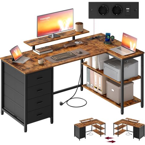 Bureau d’Angle en Forme de L, Prises Intégrées, Bureau Informatique, Configuration Réversible, Étagères Réglables, 4 Tiroirs, 2 Ports USB, 140 x 80 cm, Marron Rustique (1/5)