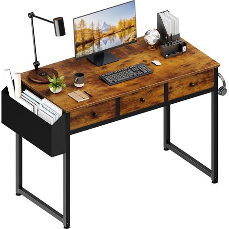 Petit Bureau avec tiroirs pour Chambre à Coucher - Bureau d'ordinateur de 100 cm avec 3 tiroirs et Sac de Rangement - Table d'écriture pour Ordinateur - Marron Vintage (1/5)
