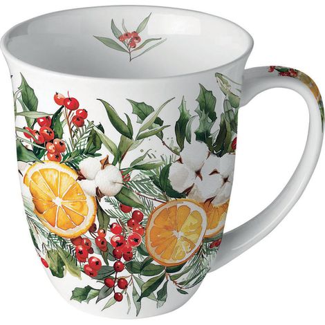 Mug en porcelaine fine aux agrumes et feuillages de Noël (1/2)