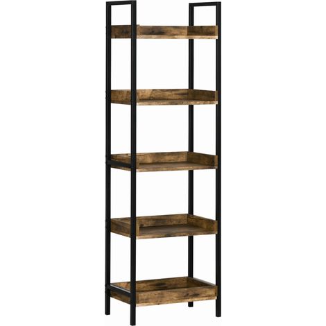 Bibliothèque industrielle à 5 niveaux en bois et métal, 48 x 30 x 155 cm, marron rustique