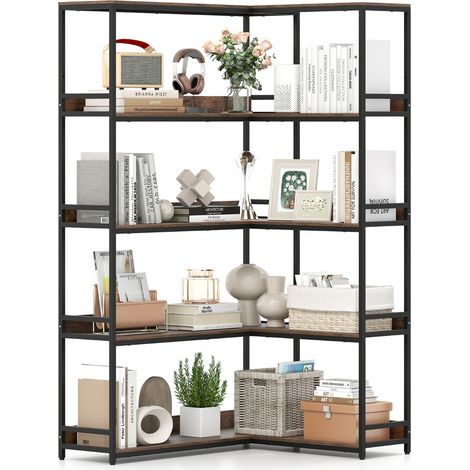 Libreria ad angolo a 5 ripiani a forma di L con struttura in metallo, Scaffale espositivo aperto industriale Marrone (1/4)