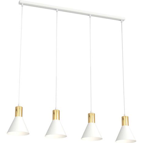 Lampadario 4 Luci Rosa In Acciaio Bianco E Paralumi Conici Bianco E Oro