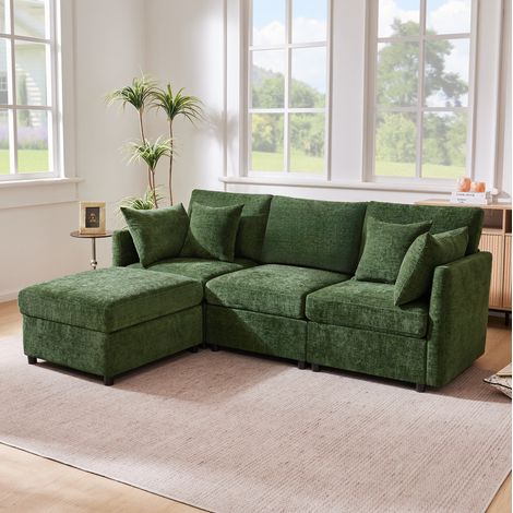 Canapé d’angle modulaire 216x161x81 cm vert en chenille avec pouf mobile et 4 coussins (1/5)
