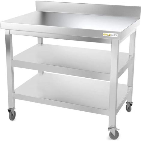 Table de travail en inox 1000 x 800 mm adossée avec 2 étagères sur roulettes PREMIUM - GOLDINOX (1/4)