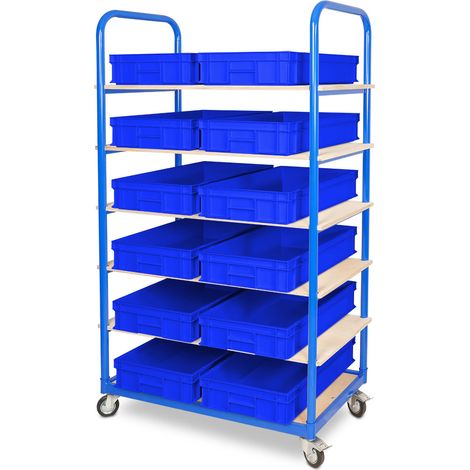 BRB Etagenwagen mit 6 Ebenen, BxTxH 1050x500x1690 mm, bestückt mit 12 Euroboxen BxTxH 600x400x120 mm (blau) (1/3)