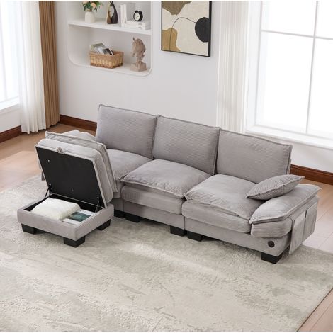 Canapé modulaire 3 places en velours côtelé gris clair avec pouf, USB-C, 260 x 132 x 84 cm (1/5)