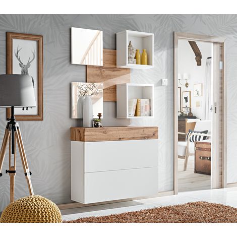 Mobile Ingresso Moderno Con 2 Specchi Vani A Giorno E Base Con Ante E Cassetto Design Elegante Salvaspazio Per Soggiorno Corridoio Zona Living 100 x 170 x 30 Cm Bianco E Rovere