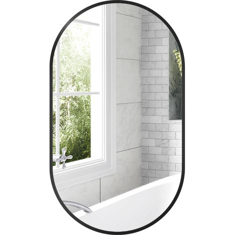 Miroir ovale mural cadre en aluminium style minimaliste montage vertical ou horizontal avec 3 crochets 40 x 70 cm noir