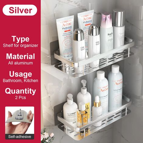(2 pièces argentées) Étagère de salle de bain sans perçage, fixation murale, porte-flacon de shampoing, étagère d'angle de douche, étagère de rangement pour toilettes, accessoires de salle de bain et (1/5)