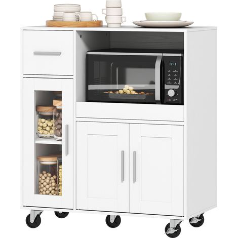 Meuble de cuisine mobile sur roulettes, avec étagères, tiroirs, étagère réglable, passe câbles, blanc (1/5)