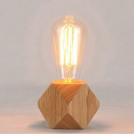 Lampe de table moderne E27 Lampe de bureau en bois Lampe de chevet de diamant pour decoration de maison/chambre a coucher/salon Base en bois
