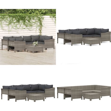 7-tlg. Garten-Lounge-Set mit Kissen Grau Poly Rattan - Gartenmöbel - Rattan (1/5)
