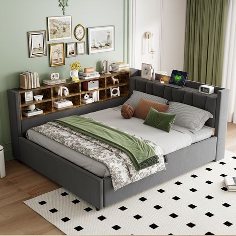 Sofá cama para adultos de 140x200 cm con almacenaje, luz LED, USB+Tipo-C, 8 compartimentos, colchón no incluido, tapizado en terciopelo, gris (1/5)