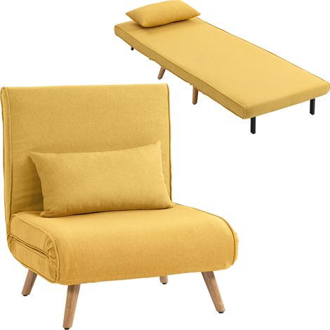 HOMCOM sofá cama individual sillón cama plegable tapizado en lino con respaldo ajustable en 5 posiciones y almohada 72x75x85 cm amarillo