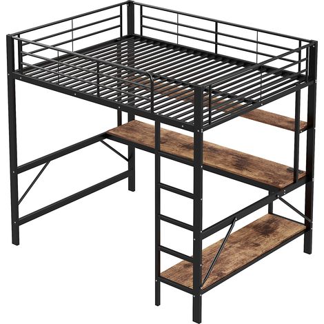 Lit mezzanine 140200 cm avec garde-corps, échelle, USB et prise, éclairage LED, bureau, étagère à plusieurs niveaux, sans matelas, métal, noir (1/5)