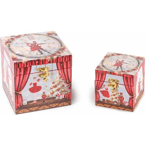 Scatole in legno foderato con chiusura a gancio e decorazioni schiaccianoci di Natale, set da 2 pezzi, Grande: cm 14 x 14 x 14 H