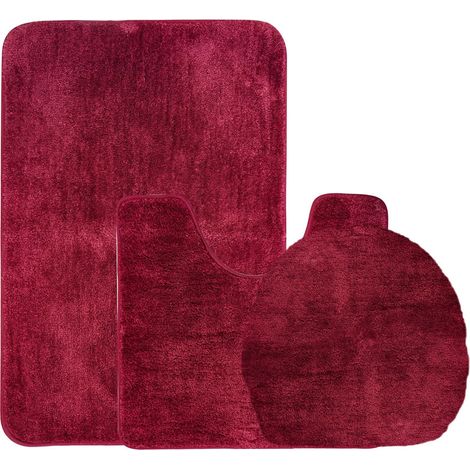 Tapis De Salle De Bains - Set 3 Pièces Avec Couvre-Abattant - Anti-Dérapant - Doux Et Épais - Couleur Bordeaux (1/5)