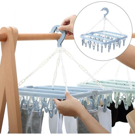 Séchoir à linge avec 32 pinces pliable rotatif coupe-vent pour chaussettes sous-vêtements gris clair