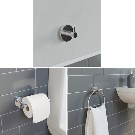 Bathroom Set Robe Hook Towel Ring Toilet Roll Holder Chrome Round Wall Mounted (1/5)