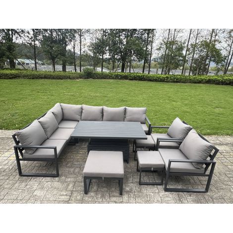 Fimous Aluminium Adjustable Rising Lifting Dining Table Sofa Set 11 Seat Aluminium Garden Furniture Sets with 3 Footstools 2 Chairs Dark Grey (1/5)