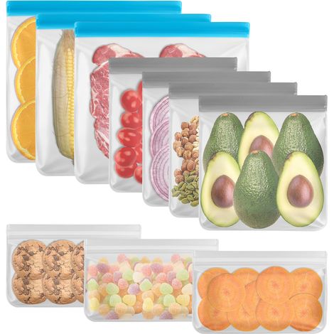 10 Pièces Sacs de Congélation Réutilisables, 3 Tailles Sac de Conservation Nourriture Réutilisables, Sacs Alimentaires de Rangement PEVA, pour Conservation Légumes, Fruits Viande, Poissons et Pain (1/5)