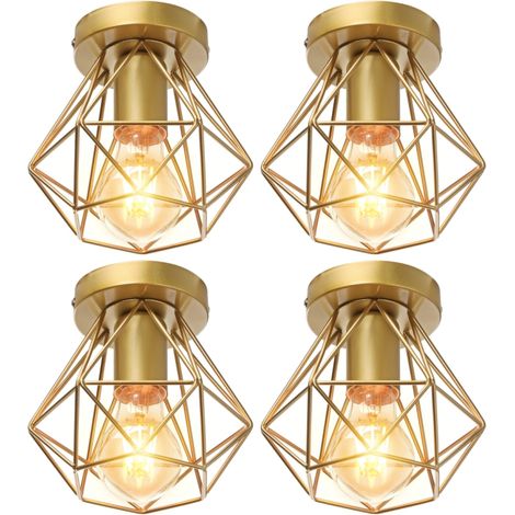 4 Piezas Lámpara de Techo Vintage Industrial Lámpara Colgante Pantalla Jaula Plafón Iluminación Plafón Metal Dorado Ø16cm
