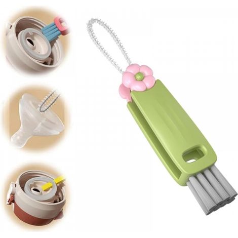 Brosse de nettoyage pour bouchon de bouteille verte 12,8 x 2,4 x 2 cm, 1 pièce, brosse multifonction pour couvercle de tasse trois en un (1/5)