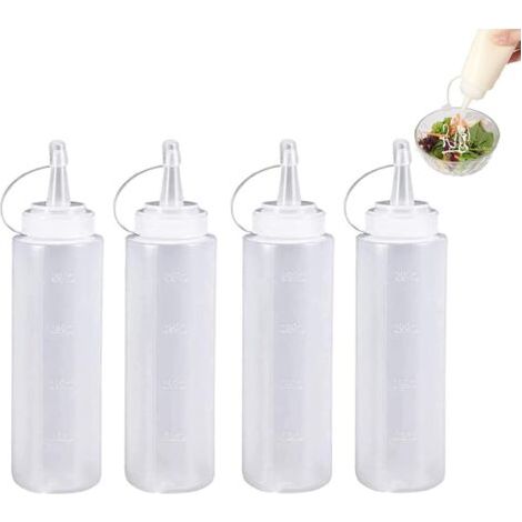 4 bottiglie di plastica per condimenti da 200 ml, bottiglie di condimento multiuso, bottiglie di condimento spremute, bottiglie di salsa trasparenti con tappo per condimenti