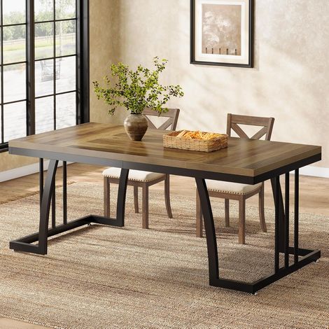 Tribesigns Dining Table for 6 People, 160 cm Rectangular Wood Dining Table, Rustic Kitchen Table with Thick Tabletop & Sturdy Metal Frame for Dining Room (Rustic Brown/Black) (1/5)