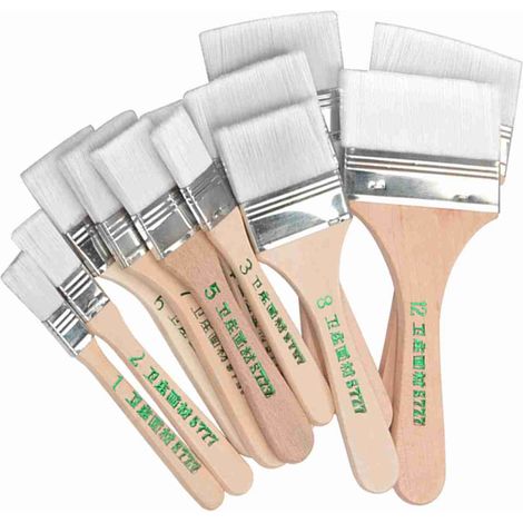 Lot de 12 pinceaux plats en nylon avec porte-stylo en bois pour peinture à l'huile, pinceaux pour barbecue et autres fournitures artistiques (1/2)