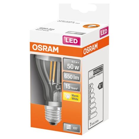 Osram – Ampoule LED E27 A60 6,5W 650lm 2700K – Éclairage blanc chaud – Durée de vie 15 000 heures – Classe énergétique F (1/6)