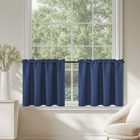 Rideaux Cuisine Brise Bise Court Rideau, Motif Gaufre Bleu 90L X 60H cm Panneaux à Passe Tringle, Chambre Petite Fenêtre Placard Meuble Bas (1/5)