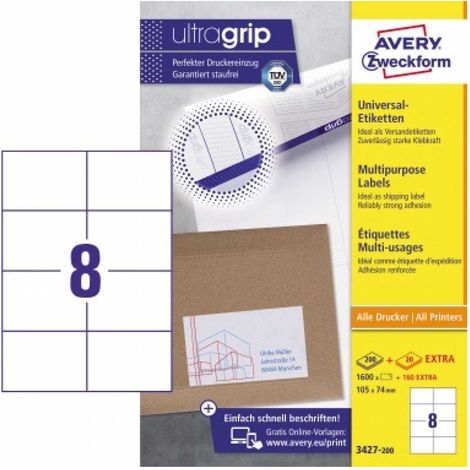 Universaletikett ultragrip 105 x 74 mm (B x H) nicht wieder ablösbar Papier weiß 1.760 Etik./Pack. (1/5)
