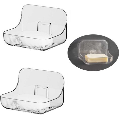 Porte-savon mural - Porte-savon en verre transparent - Panier mural pour salle de bain - Porte-savon en plastique autocollant - Lot de 2 - Multifonctionnel - Convient pour la douche et le lavabo (1/5)
