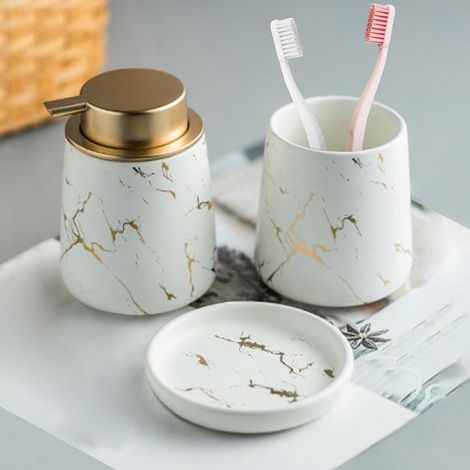 Juego de 4 accesorios de baño de cerámica con efecto mármol: jabón, cepillo de dientes, vaso y jabonera – blanco mate. (1/4)