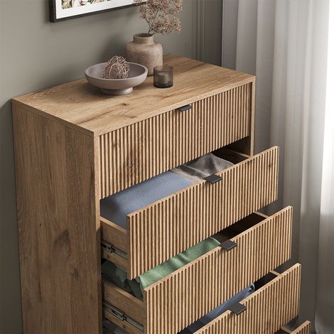 Cómoda Eliza, Roble vikingo, 76 x 120 cm con 5 cajones, Vicco