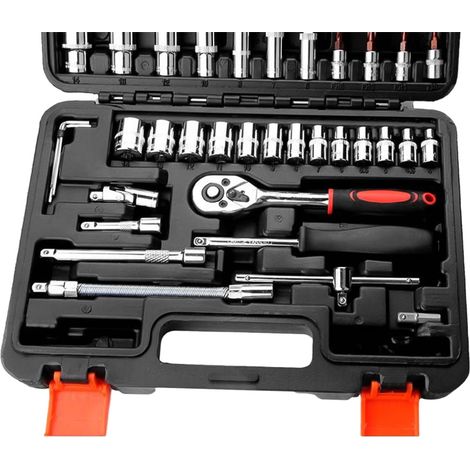 Coffret de 53 douilles 1/4" pour la maison, la voiture, l'automobile, la moto, la mécanique, les réparations, le garage et le coffre de voiture, avec boîte à outils en plastique. (1/5)