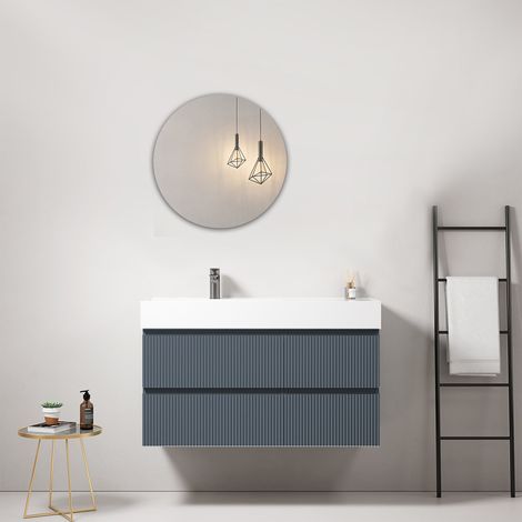 Mobile bagno sospeso cannettato 100 cm Blu Mare Lavabo a Sinistra in Resina Specchio Tondo - Fiji Paint (1/4)