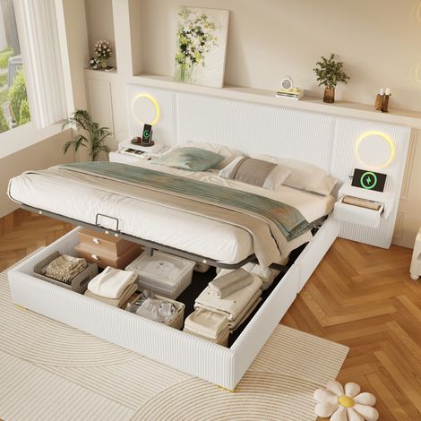 Modernluxe - Lit coffre capitonné 180x200 cm en velours français - Avec éclairage LED intégré, port USB et 2 tiroirs de chevet - Beige (sans matelas) (1/5)