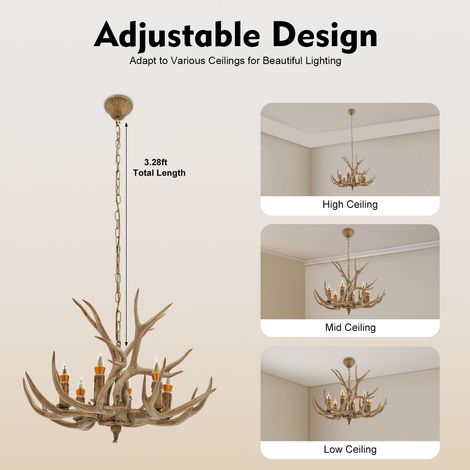 YISSALE - Lustre en bois de cerf vintage – Suspension 6 lumières E14 – Hauteur 40 cm – Diamètre 68 cm – Pour salon (1/5)