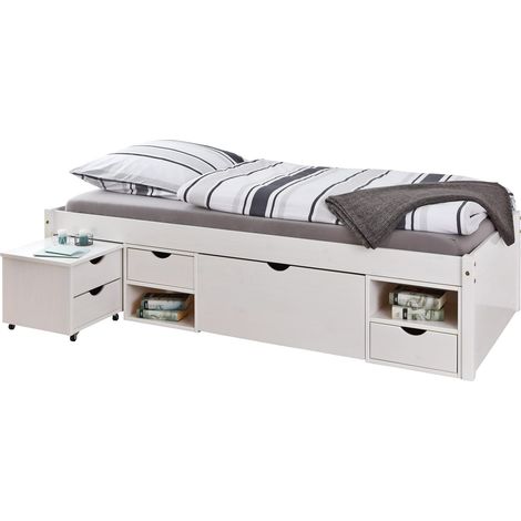 Lit simple Multifonction Lit fonctionnel avec rangements Avec table de chevet 3 tiroirs 2 niches Bois massif Avec sommier Blanc vernis 90 x 200 cm (1/5)