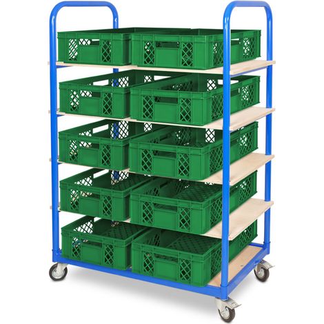 BRB Etagenwagen mit 5 Ebenen, BxTxH 1050x500x1450 mm bestückt mit 10 Euroboxen BxTxH 600x400x150 mm, durchbrochen (grün) (1/2)
