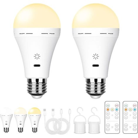 Ampoule LED rechargeable USB 2 Pack avec télécommande, 3 températures de couleur, Dimmer, E27 7W, Touch Control et minuterie (1/4)