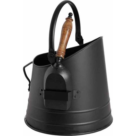 Coal Bucket with Teak Handle Shovel - Steel - L22 x W25 x H28 cm - Black