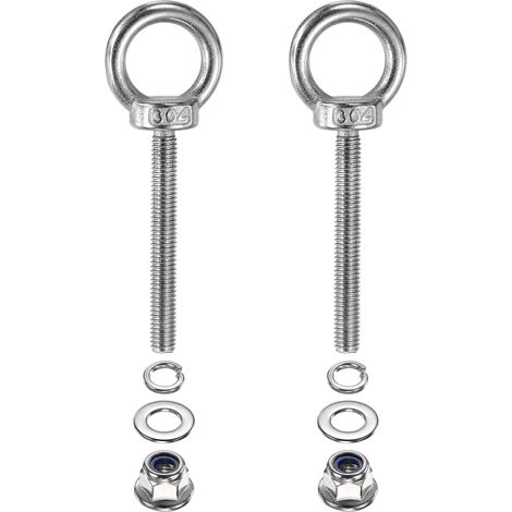 Piton à œil M6 x 50mm avec épaulement, 2 Pcs Acier Inox 304 Anneau de Levage Piton Fileté avec Écrous Freins à Collerette Rondelles Grower et Plates Arrimage Intérieur Extérieur (1/5)
