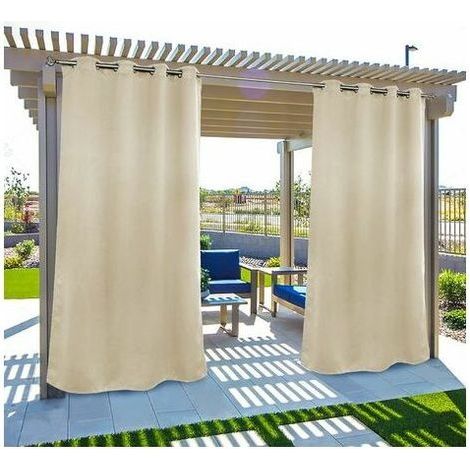 Rideaux d'extérieur occultants 132 x 213 cm – Protection UV et coupe-vent – 2 panneaux en polyester beige – Résistants à la moisissure – (1/4)