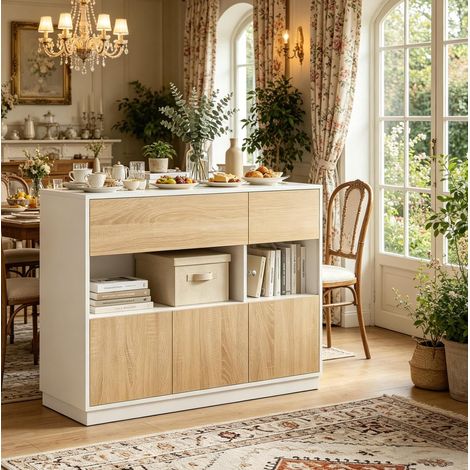 Buffet 100x40x80 cm en bois blanc et chêne clair, avec rangement pour entrée FloraGrace (1/5)