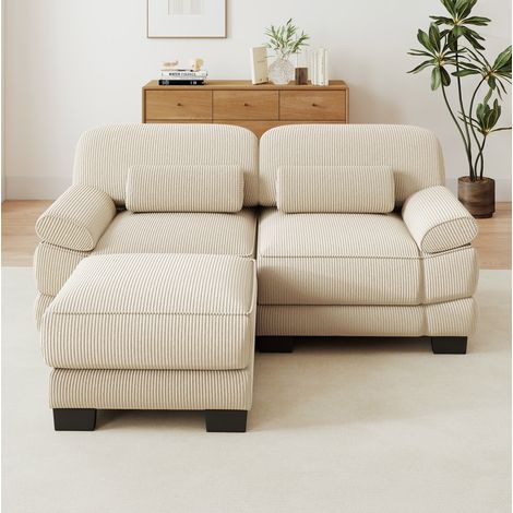 Canapé modulaire d'angle 2 places avec pouf en velours côtelé beige, OKWISH (1/5)