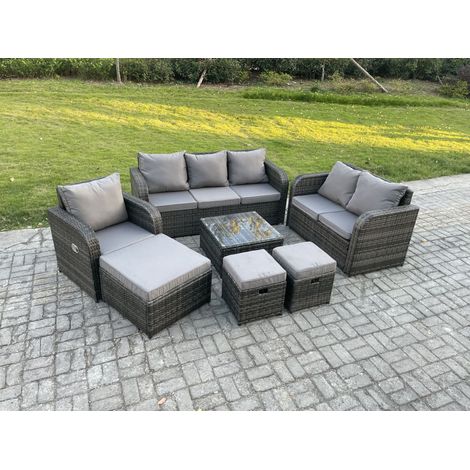Fimous Rattan-Gartenmöbel 7 Stück Terrassenset mit Tisch und Sofa Quadratischer Couchtisch Liegestühle Loveseat Sofa 3-Sitzer Sofa 3 Hockern (1/5)